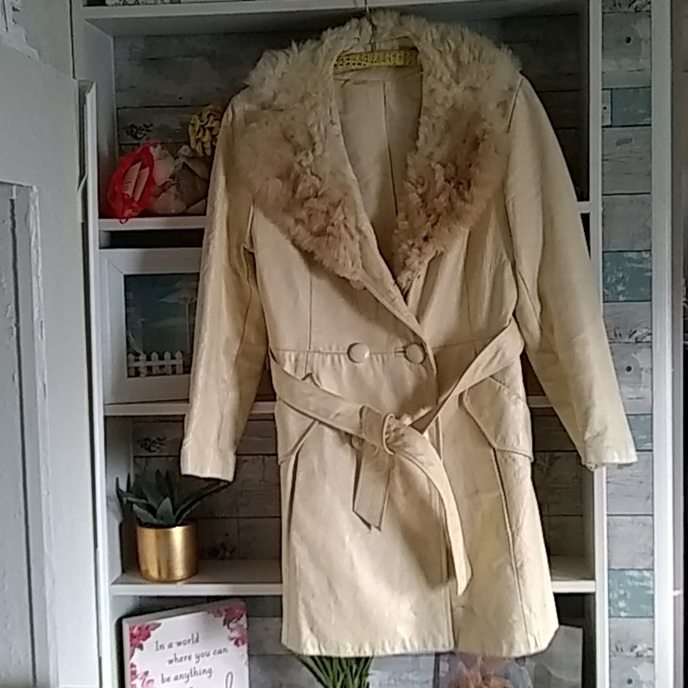 Vtg leather and rabbit fur coat,